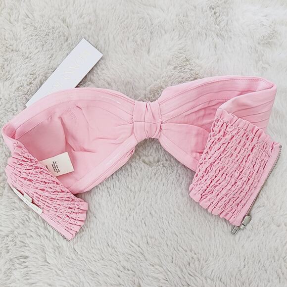 Ronny Kobo Mayah Crop Top Petal Pink Linen Bandeau Knot Smocked Resort S Revolve - Picture 10 of 12